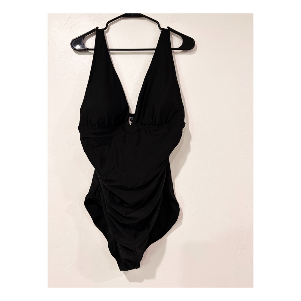 J.Crew Black Ruched Halter One-Piece Swimsuit Deep V-Neck BH713 Womens XL NWT